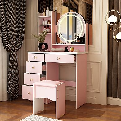 Pink Vanity Desk with LED Mirror, 3 Color Light Modes, Makeup Table with Storage & Stool
