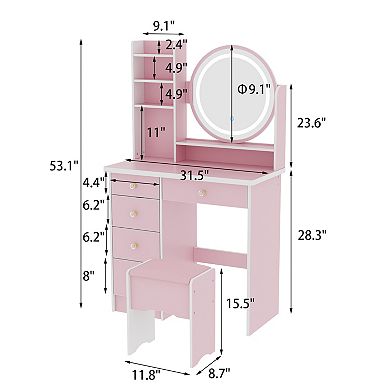 Pink Vanity Desk with LED Mirror, 3 Color Light Modes, Makeup Table with Storage & Stool