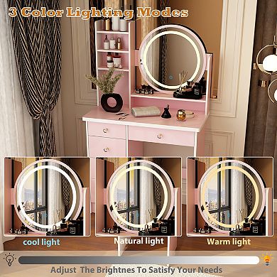 Pink Vanity Desk with LED Mirror, 3 Color Light Modes, Makeup Table with Storage & Stool
