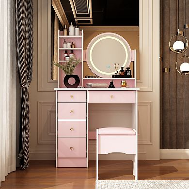 Pink Vanity Desk with LED Mirror, 3 Color Light Modes, Makeup Table with Storage & Stool