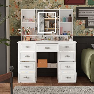 White Makeup Vanity Desk with LED Mirror, 3 Light Modes, 10 Drawers & Storage Cabinet