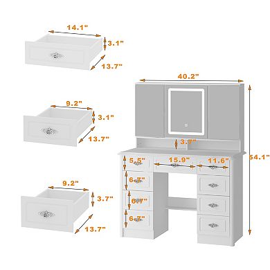 White Makeup Vanity Desk with LED Mirror, 3 Light Modes, 10 Drawers & Storage Cabinet