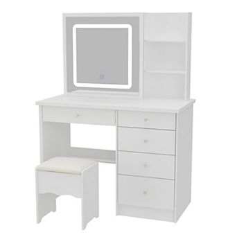 White Vanity Desk with LED Lighted Mirror, Makeup Table with Drawers, Shelves & Stool