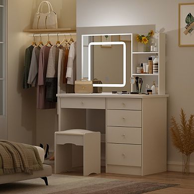White Vanity Desk with LED Lighted Mirror, Makeup Table with Drawers, Shelves & Stool