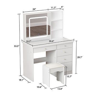 White Vanity Desk with LED Lighted Mirror, Makeup Table with Drawers, Shelves & Stool