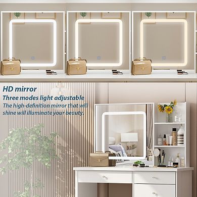 White Vanity Desk with LED Lighted Mirror, Makeup Table with Drawers, Shelves & Stool