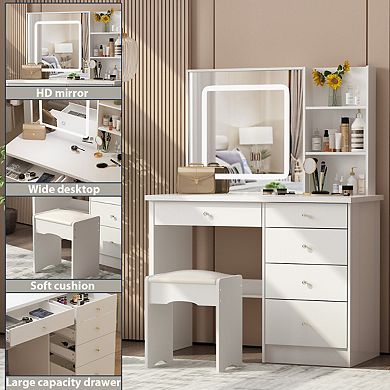 White Vanity Desk with LED Lighted Mirror, Makeup Table with Drawers, Shelves & Stool