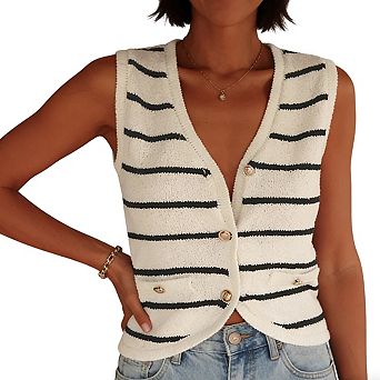 Women's V Neck Sleeveless Button Front Striped Pattern Curved Hem Knit Vest