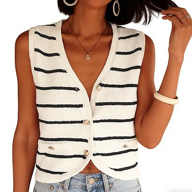 Women's V Neck Sleeveless Button Front Striped Pattern Curved Hem Knit Vest