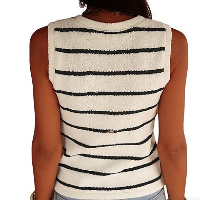 Women's V Neck Sleeveless Button Front Striped Pattern Curved Hem Knit Vest