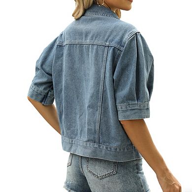 Women's Denim Jacket Collared Neck Puff Half Sleeves Relaxed Button Front Casual Outerwear