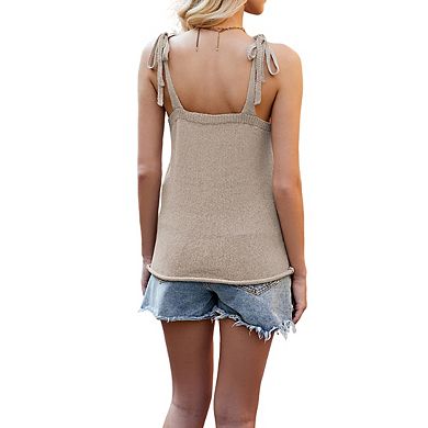 Women's V Neck Sleeveless Knit Tank Top with Tie Shoulder Straps and Open Back Design