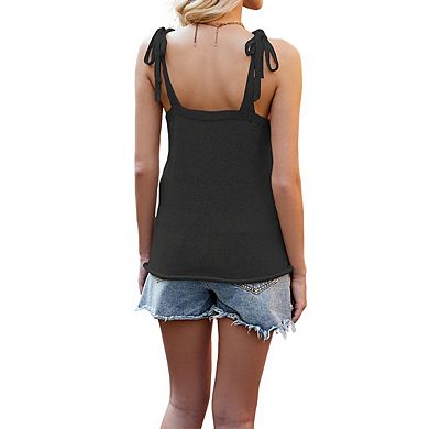Women's V Neck Sleeveless Knit Tank Top with Tie Shoulder Straps and Open Back Design