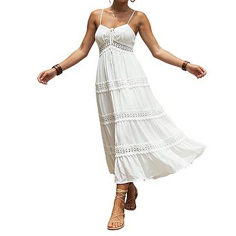 Women's Sweetheart Neck Spaghetti Strap Lace Trim Smocked Back Tiered Maxi Dress