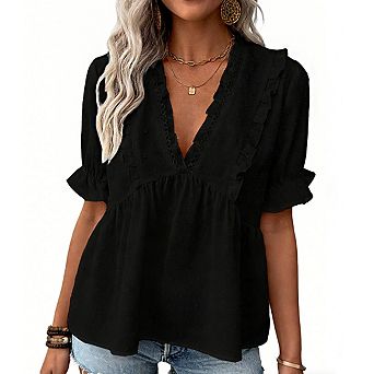 Women's Deep V Neck Ruffle Trim Puff Short Sleeve Peplum Hem Swiss Dot Blouse