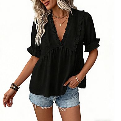 Women's Deep V Neck Ruffle Trim Puff Short Sleeve Peplum Hem Swiss Dot Blouse