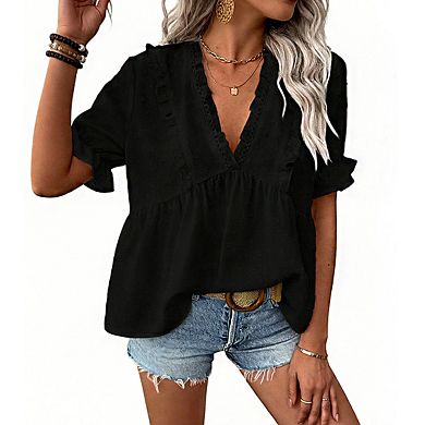 Women's Deep V Neck Ruffle Trim Puff Short Sleeve Peplum Hem Swiss Dot Blouse