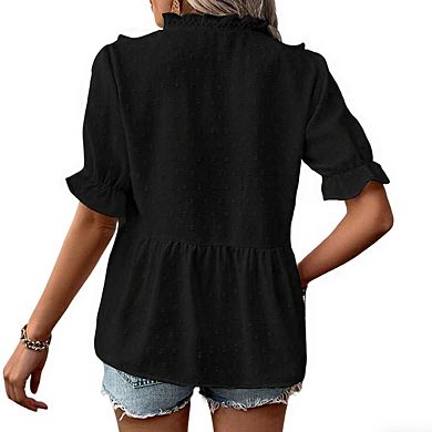 Women's Deep V Neck Ruffle Trim Puff Short Sleeve Peplum Hem Swiss Dot Blouse