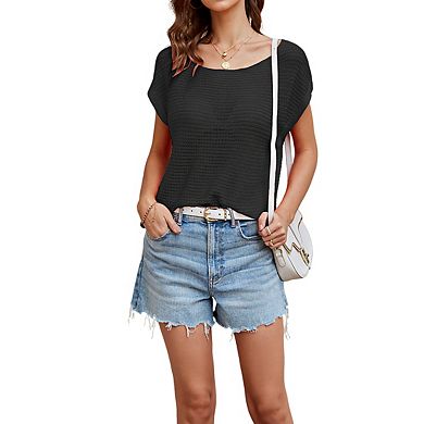 Women's Tops Round Neck Short Sleeve Textured Knit Relaxed Fit Summer Top