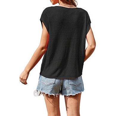 Women's Tops Round Neck Short Sleeve Textured Knit Relaxed Fit Summer Top