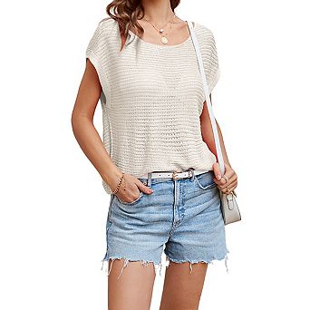 Women's Tops Round Neck Short Sleeve Textured Knit Relaxed Fit Summer Top
