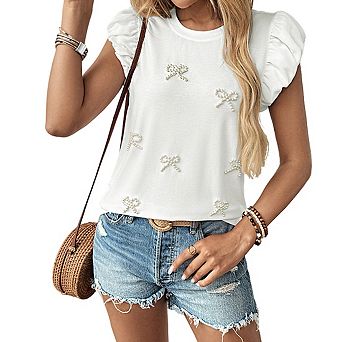 Women's Crew Neck Ruffle Cap Sleeve Beaded Bow Detail Relaxed Fit Casual Top