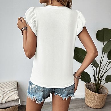 Women's Crew Neck Ruffle Cap Sleeve Beaded Bow Detail Relaxed Fit Casual Top