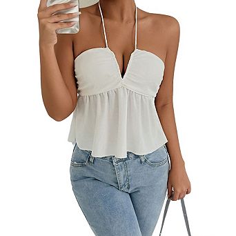 Women's Halter Neck Sleeveless Open Back Casual Peplum Crop Top