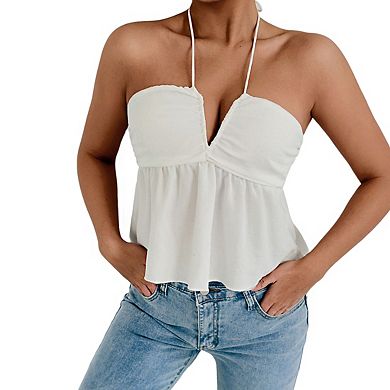 Women's Halter Neck Sleeveless Open Back Casual Peplum Crop Top