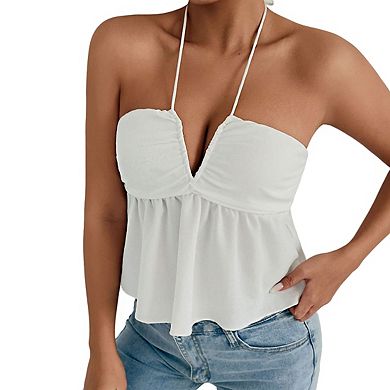 Women's Halter Neck Sleeveless Open Back Casual Peplum Crop Top