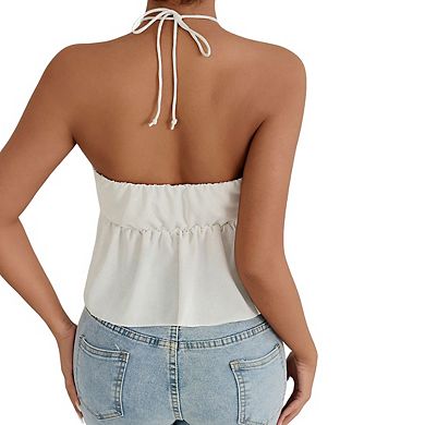 Women's Halter Neck Sleeveless Open Back Casual Peplum Crop Top
