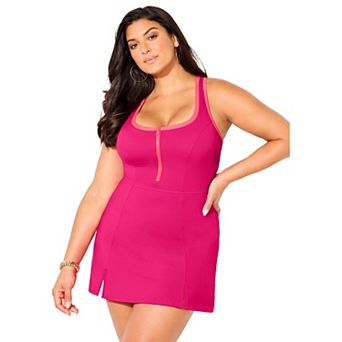 Swimsuits for All Women's Zip-Front Contrast Trim Swimdress