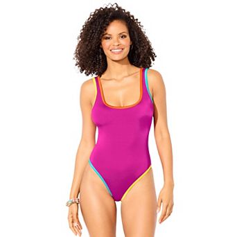 Swimsuits for All Women's Shimmer Trim Square Neck One Piece Swimsuit