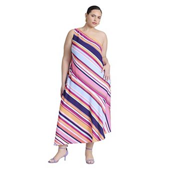 ELOQUII Women's Plus Size One Shoulder Multi Color Dress