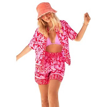 Swimsuits for All Women's Cropped Button-Front Beach Cover Up Shirt