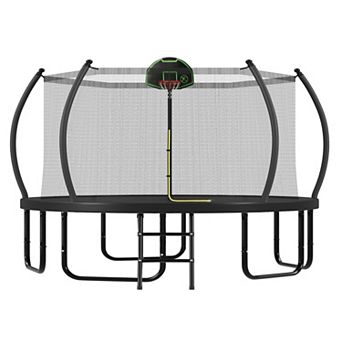 Whisen Round Outdoor Trampoline with Basketball Hoop, Enclosure Net, Curved Poles & Ladder