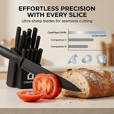 CASAFOYER 15-Piece Kitchen Knife Set with Block & Built-In Sharpener