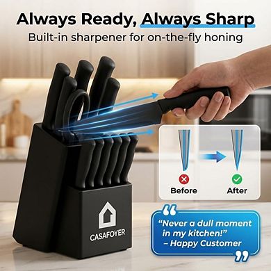 CASAFOYER 15-Piece Kitchen Knife Set with Block & Built-In Sharpener