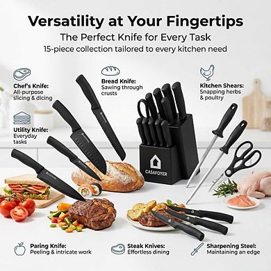 CASAFOYER 15-Piece Kitchen Knife Set with Block & Built-In Sharpener