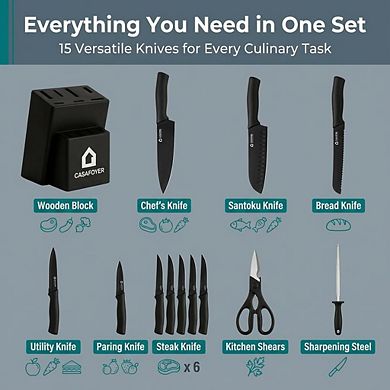 CASAFOYER 15-Piece Kitchen Knife Set with Block & Built-In Sharpener