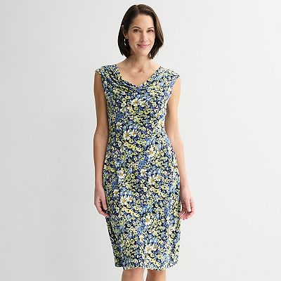 Women's Studio Connection Cap Sleeve Drape Neck A-Line Dress, Size: Medium, Yellow Navy