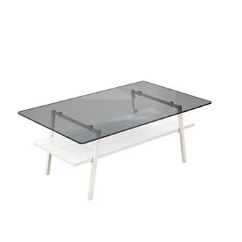 YQNUCO Rectangle Coffee Table, Tempered Glass Tabletop with Metal Legs, Gray Glass