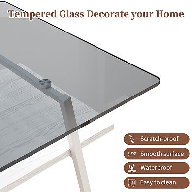 YQNUCO Rectangle Coffee Table, Tempered Glass Tabletop with Metal Legs, Gray Glass
