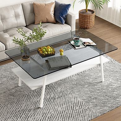 YQNUCO Rectangle Coffee Table, Tempered Glass Tabletop with Metal Legs, Gray Glass