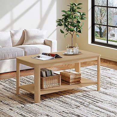 Wood Coffee Table with Storage Shelf, Vertical Wave Grain Legs, Accent Table for Living Room&Bedroom