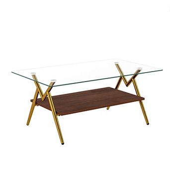 YQNUCO Rectangle Coffee Table with Tempered Glass Top and Golden Metal Legs, For Living Room