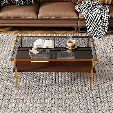 YQNUCO Coffee Table with Gray Tempered Glass Top & Black Legs, Modern Table for Living Room