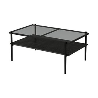 YQNUCO Rectangle Coffee Table with Gray Tempered Glass Top & Black Legs
