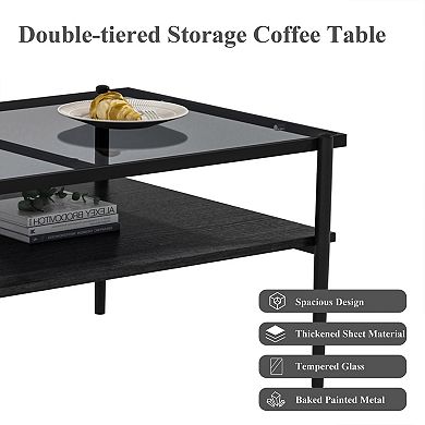 YQNUCO Rectangle Coffee Table with Gray Tempered Glass Top & Black Legs