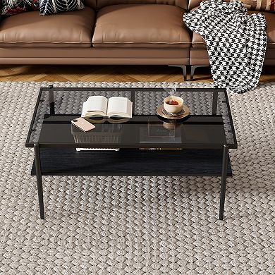 YQNUCO Rectangle Coffee Table with Gray Tempered Glass Top & Black Legs